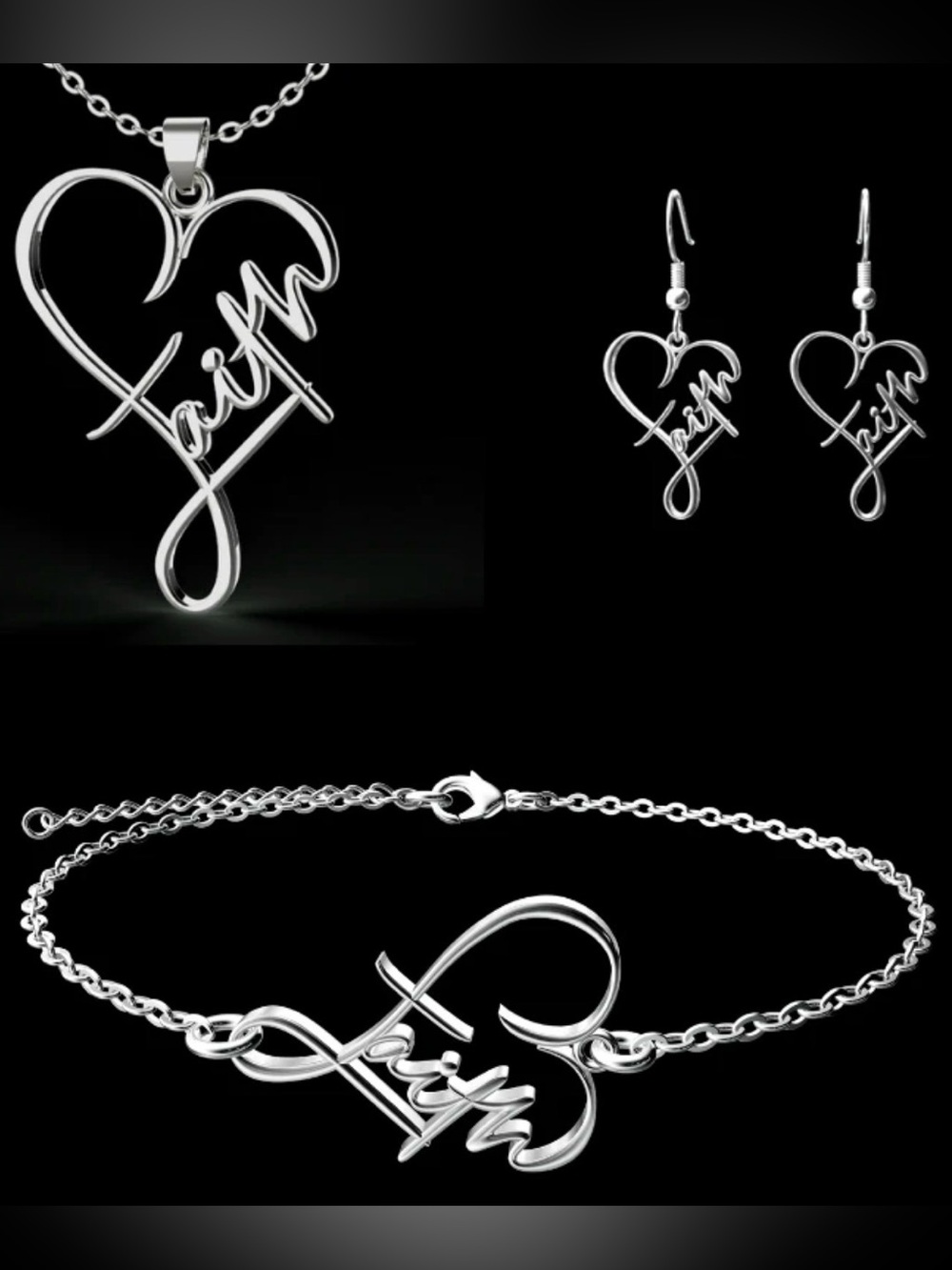 Faith Script Heart Pendant Necklace Bracelet & Earrings Set - Silver